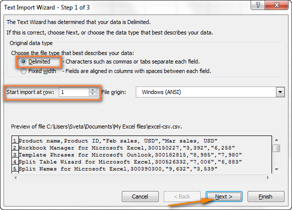 Chọn loại file và hàng bắt đầu