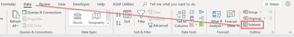 Vị trí hàm SUBTOTAL