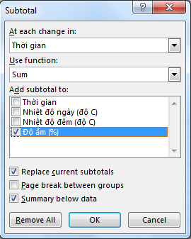 Hộp thoại Subtotal