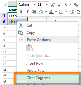 Context menu showing Clear Contents option