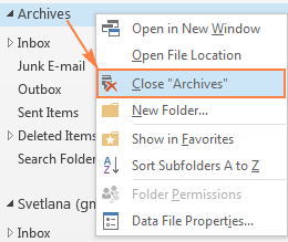 Right-click menu to close the archive folder