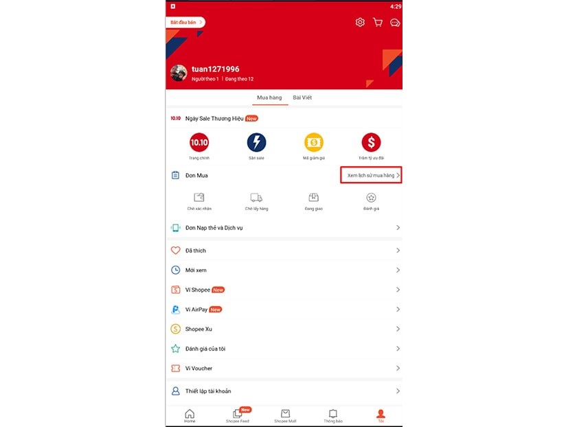 Lịch sử mua hàng trên Shopee