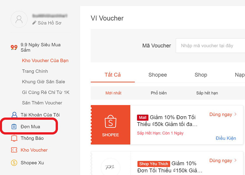 Xem lịch sử mua hàng trên Shopee máy tính