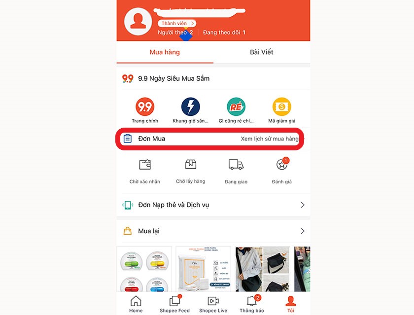 Xem lịch sử mua hàng trên Shopee điện thoại