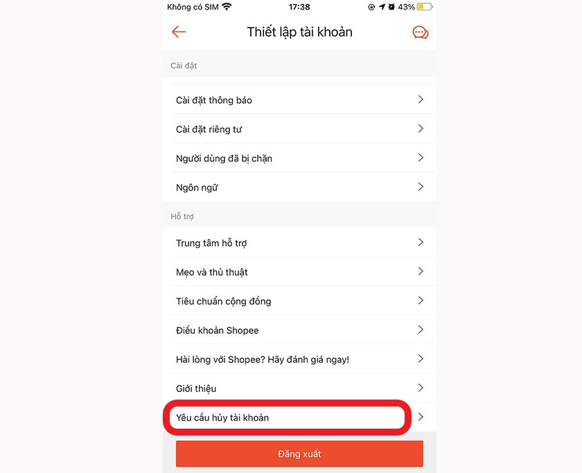 Yêu cầu xóa tài khoản Shopee