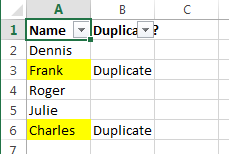 Spreadsheet showing duplicates highlighted in yellow