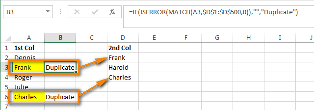Excel spreadsheet showing two columns being compared for duplicates