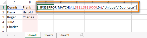 Excel formula syntax for comparing two columns