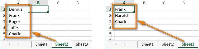 Two columns located on separate Excel worksheets