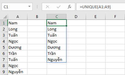 Mô tả hàm UNIQUE trong Excel