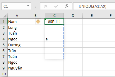 Minh họa lỗi #SPILL trong Excel