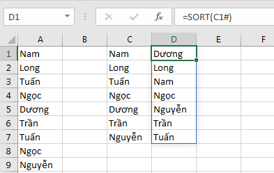 Minh họa hàm SORT trong Excel