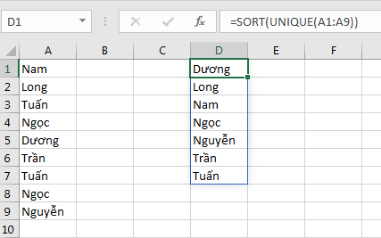 Minh họa kết hợp hàm SORT và UNIQUE