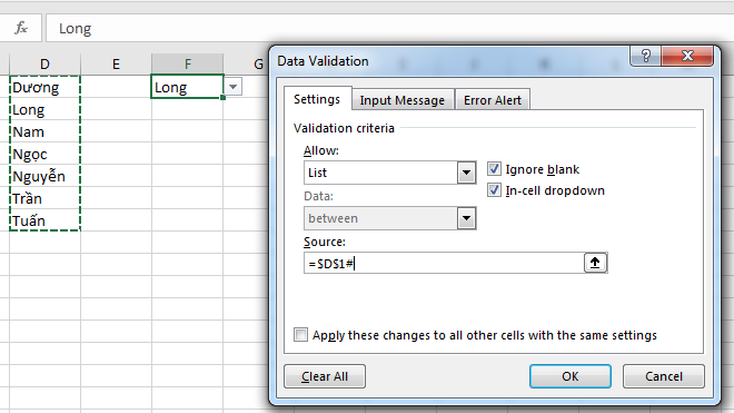 Minh họa sử dụng mảng động cho Data Validation