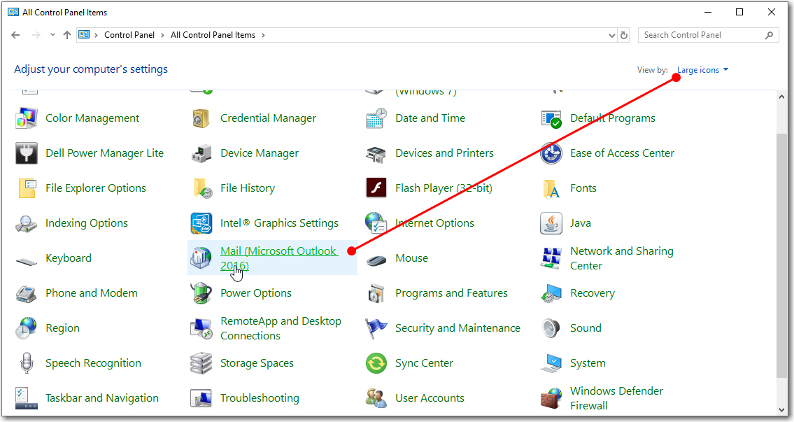 Mở Mail trong Control Panel