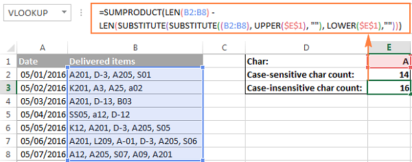Đếm ký tự trong dải ô không phân biệt chữ hoa chữ thường