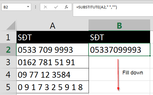 Ví dụ loại bỏ khoảng trắng trong số điện thoại