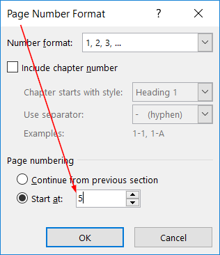 alt: Cửa sổ Format Page Number với tùy chọn Start at