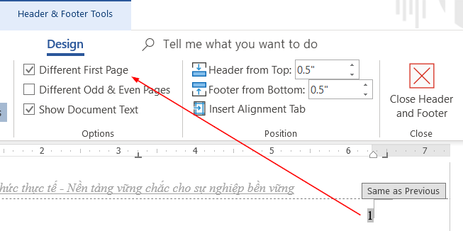 alt: Tùy chọn Different First Page trong Header & Footer Tools