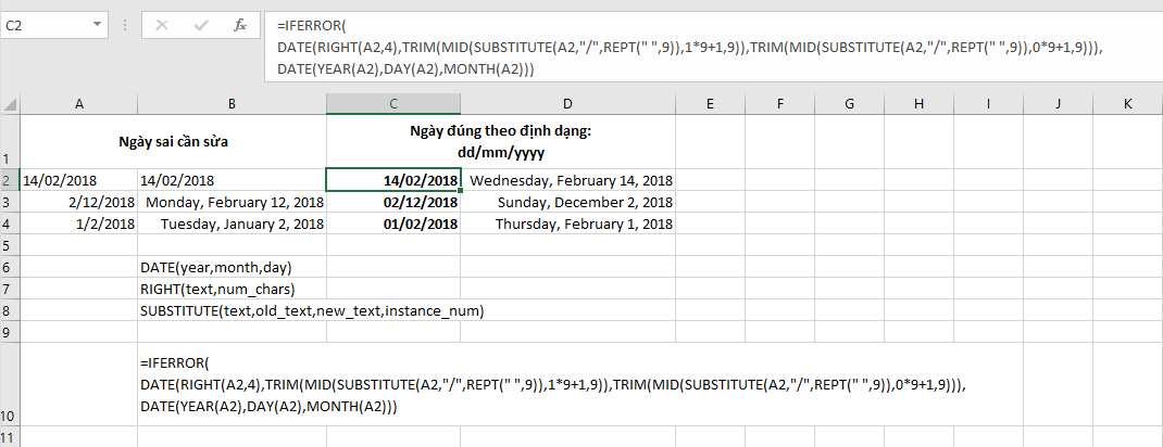 Mô tả cách sử dụng hàm SUBSTITUTE để sửa lỗi ngày tháng trong Excel
