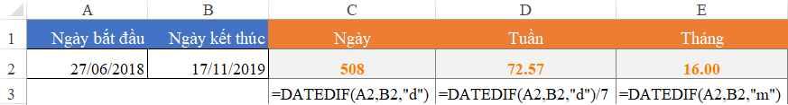 Tính Khoảng Thời Gian Giữa Hai Thời Điểm trong Excel với Hàm DATEDIF Tính số tháng giữa hai ngày