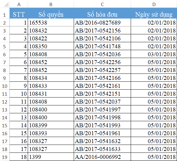Kiểm Tra Hóa Đơn Viết Sai Thứ Tự Trong Excel Với Hàm COUNTIFS Danh sách hóa đơn