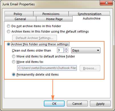 Configuring deletion settings for junk folders