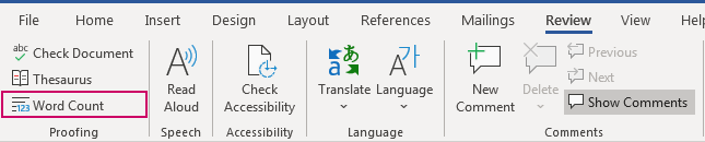 Vị trí nút Word Count trên thanh Ribbon