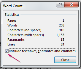 Tùy chọn bao gồm textbox, footnotes và endnotes trong thống kê