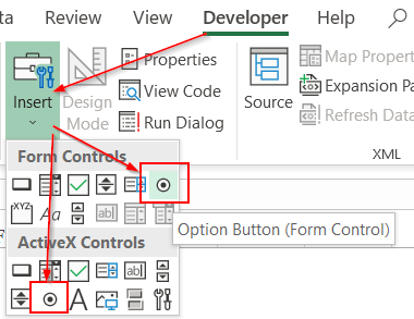 Screenshot of the Excel Developer tab showing the Insert menu with the Option Button selected