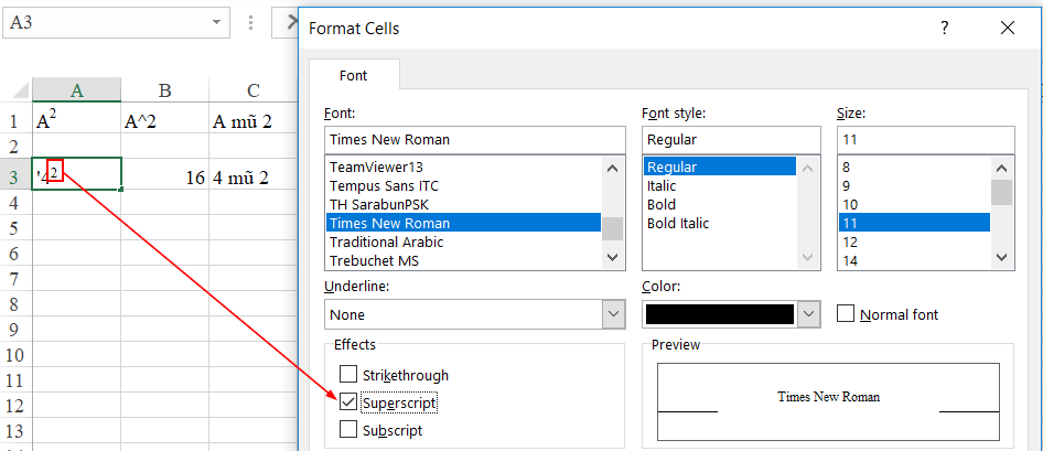 Định dạng text dạng số mũ