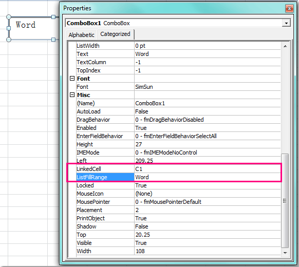 Thiết lập ListFillRange trong Properties