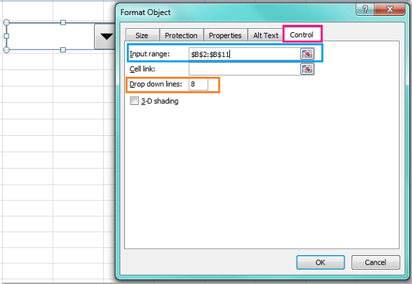 Thiết lập Input range cho Combo Box