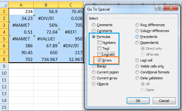 Xử Lý Lỗi Công Thức trong Excel: Thay Thế Bằng 0 hoặc Ô Trống Hộp thoại Go To Special