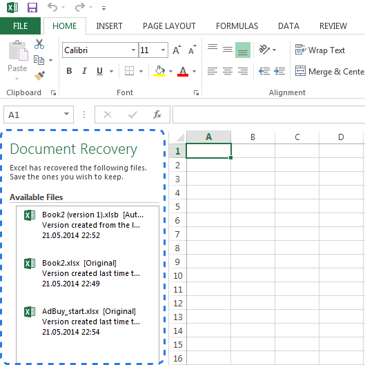 Hướng Dẫn Phục Hồi File Excel Chưa Lưu và Các Phiên Bản Trước Khung Document Recovery