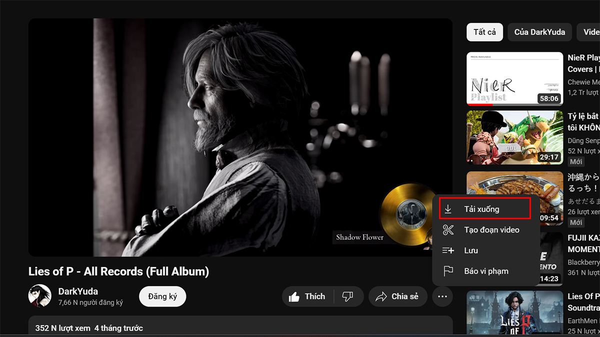 Nút tải xuống trên ứng dụng YouTube