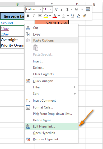 Right-click and choose Edit Hyperlink to open the Edit Hyperlink dialog box