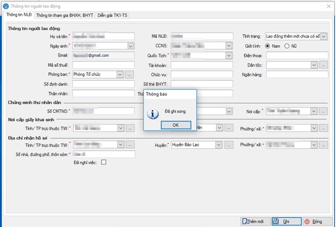 Nút Ghi thông tin lao động