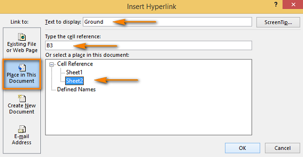 Detailed view of the Insert Hyperlink dialog box with Place in This Document selected