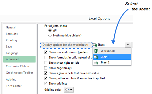 Tùy chọn Advanced trong Excel Options