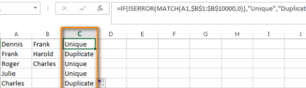 Results showing Duplicate or Unique status in the helper column