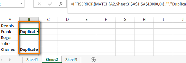 Results of cross-sheet comparison formula