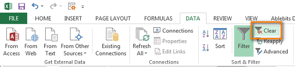 The Clear Filter icon in the Data tab