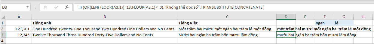 Chuyển đổi số thành chữ trong Excel