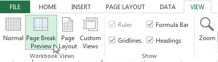 Screenshot of the View tab in Excel highlighting the Page Break Preview button