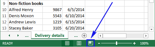 Close up of the Excel status bar showing the Page Break Preview shortcut icon