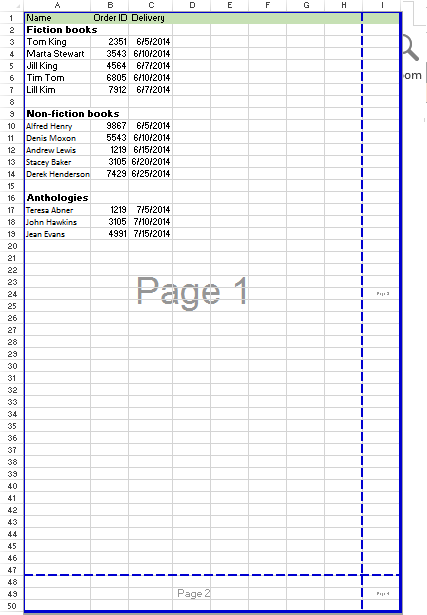 Full view of an Excel spreadsheet in Page Break Preview mode showing data boundaries