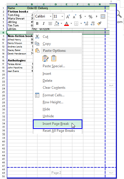 Right click context menu in Excel showing the Insert Page Break option selected