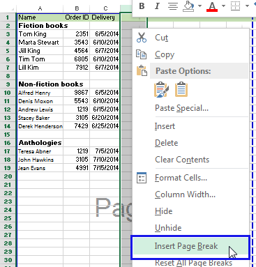 Right click context menu on a column header showing the Insert Page Break option