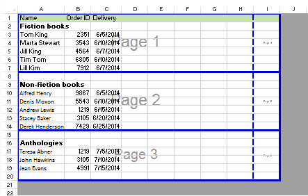 Spreadsheet view showing multiple solid blue horizontal lines indicating manual page breaks
